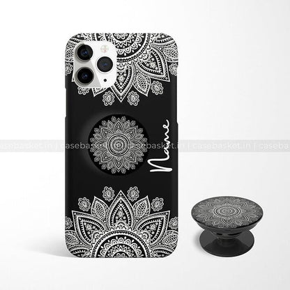 Black phone case with white mandala design and matching pop socket for mobile