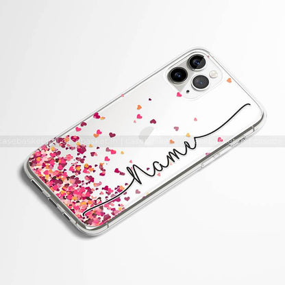 Clear phone case with pink heart-shaped confetti and customizable name for iPhone