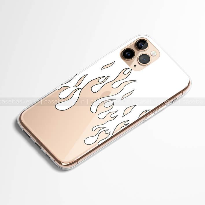 Clear phone case with black outlined flame design on iPhone, stylish mobile cover
