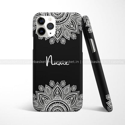 Black phone case with white mandala floral design and customizable name text, for iPhone.