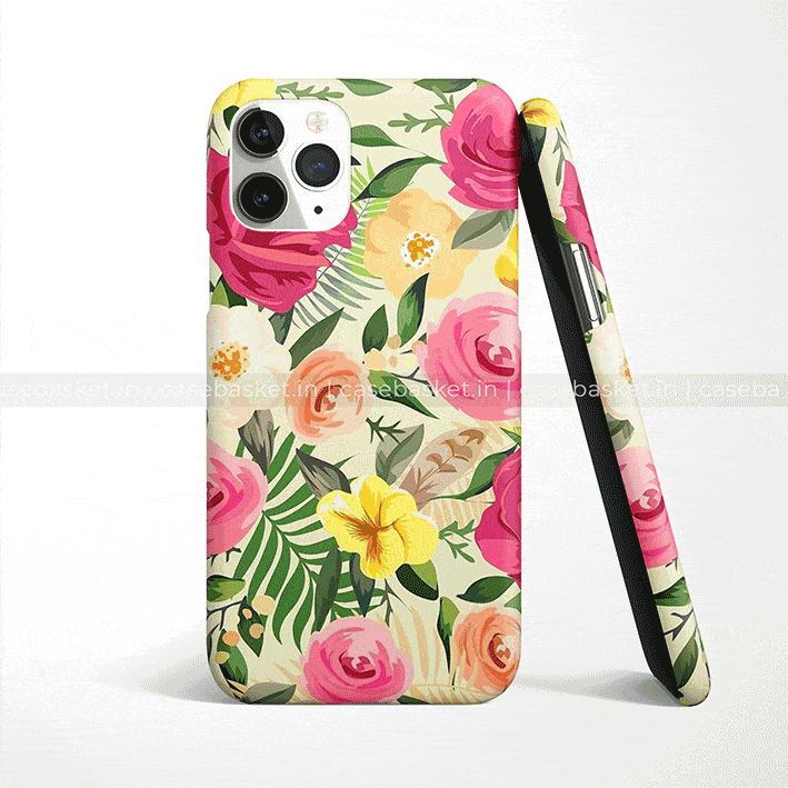 Floral phone case with pink, yellow, and orange flower print for smartphone protection