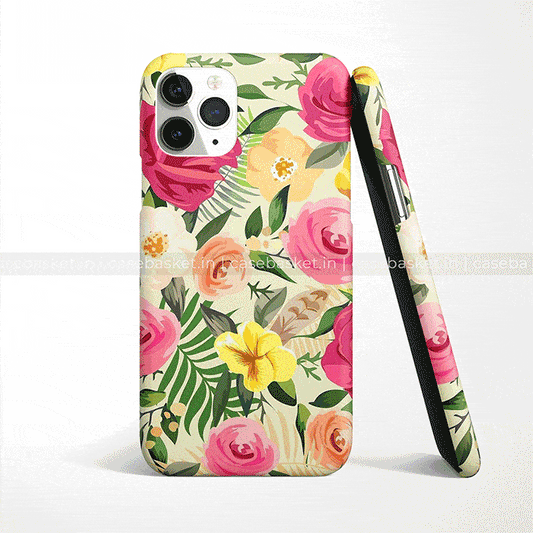 Floral phone case with pink, yellow, and orange flower print for smartphone protection