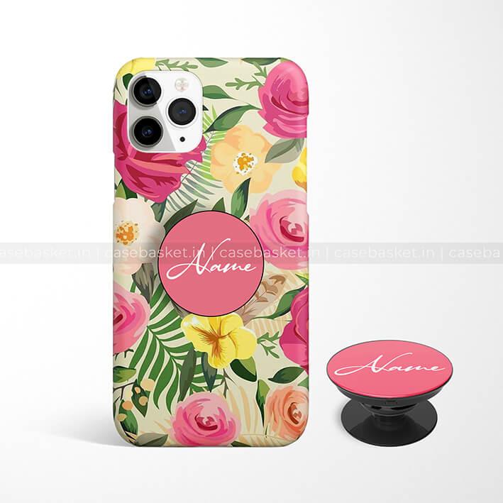 Floral phone case with pink, yellow flowers and matching pop socket for iPhone, personalized name design
