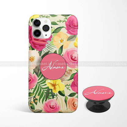 Floral phone case with pink, yellow flowers and matching pop socket for iPhone, personalized name design