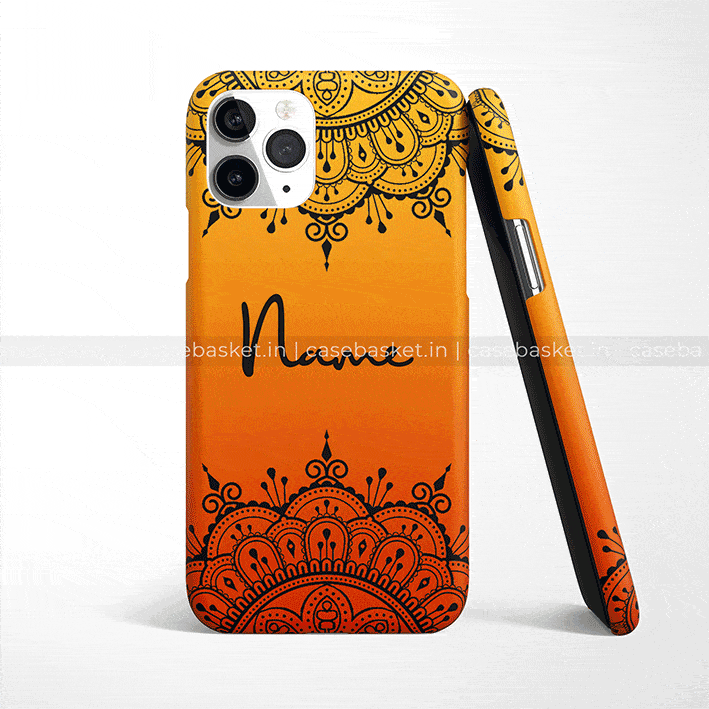 Orange and black mandala design mobile case with customizable name text, shown from multiple angles.