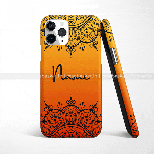 Orange and black mandala design mobile case with customizable name text, shown from multiple angles.