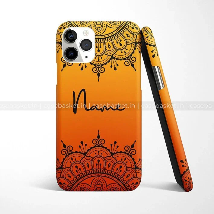 Orange ombre phone case with black mandala design and customizable name text