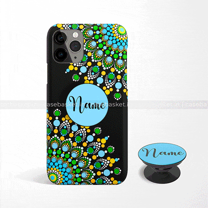 Customizable black phone case with colorful dot mandala design and matching phone grip