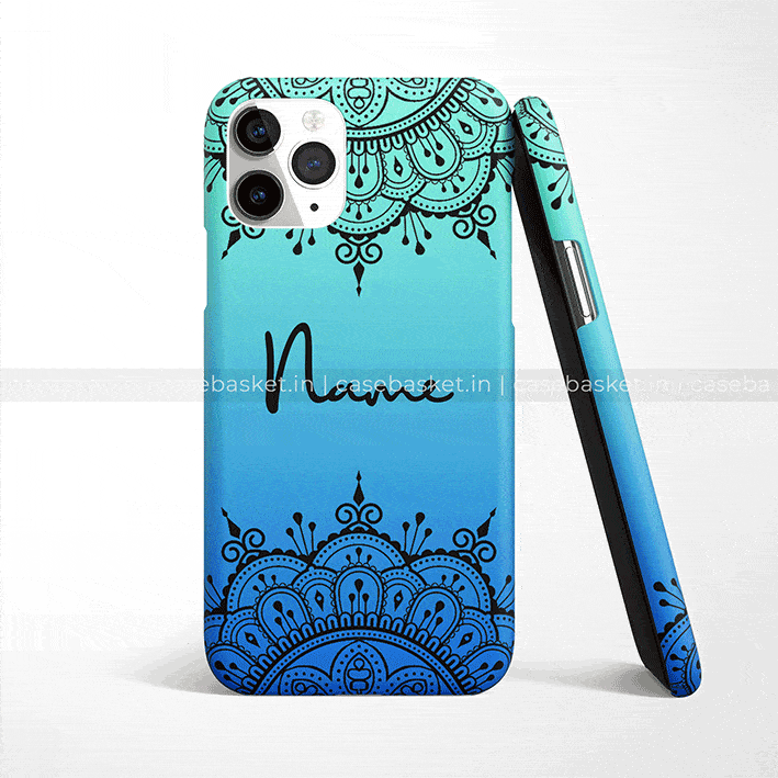 Blue ombre phone case with black mandala pattern and customizable name text, back and side view