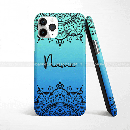 Blue ombre phone case with black mandala pattern and customizable name text, back and side view