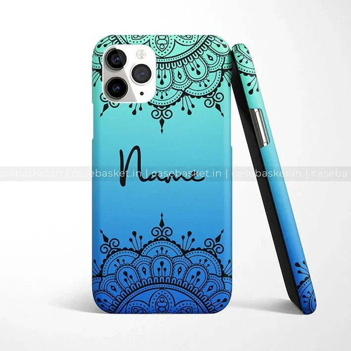 Blue gradient phone case with black mandala design and customizable name text for iPhone