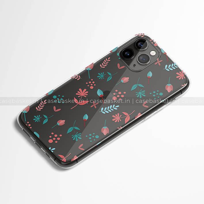 Transparent floral phone case with pink and teal flower pattern for iPhone