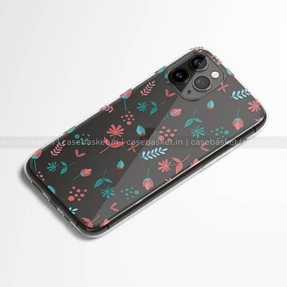 Transparent floral phone case with pink and teal flower pattern for iPhone