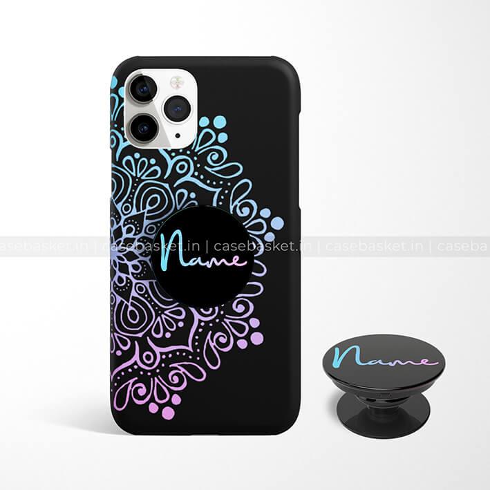 Black phone case with pastel mandala design and matching pop socket, customizable name text