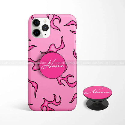 Pink phone case with abstract flame design and matching pop socket, customizable text, stylish mobile accessory.