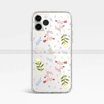 Clear iPhone case with colorful floral and leaf pattern design, protective phone cover