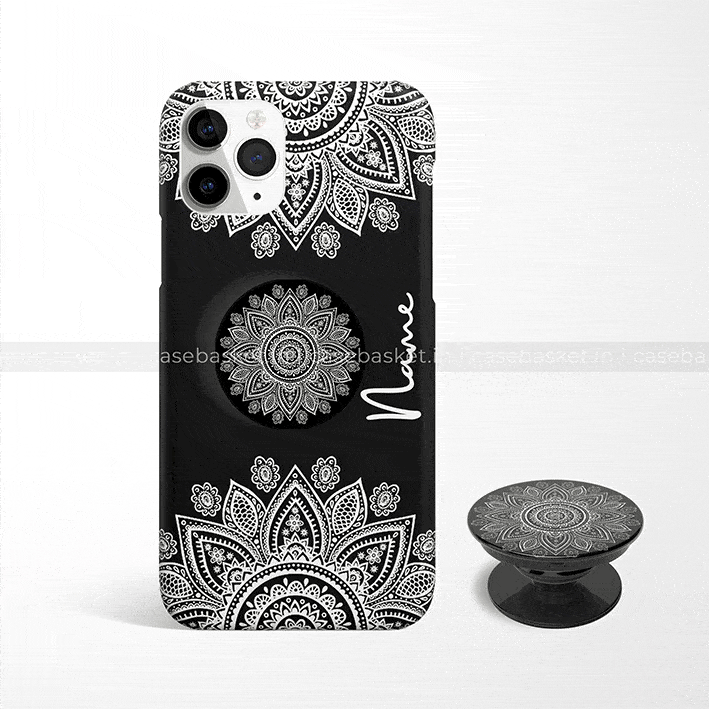 Black phone case with white mandala design, matching pop socket, customizable name text