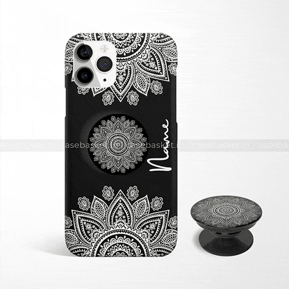 Black phone case with white mandala design, matching pop socket, customizable name text