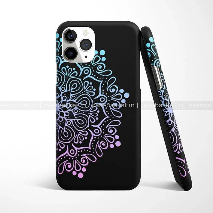 Black phone case with gradient mandala design in blue and purple, slim fit cover