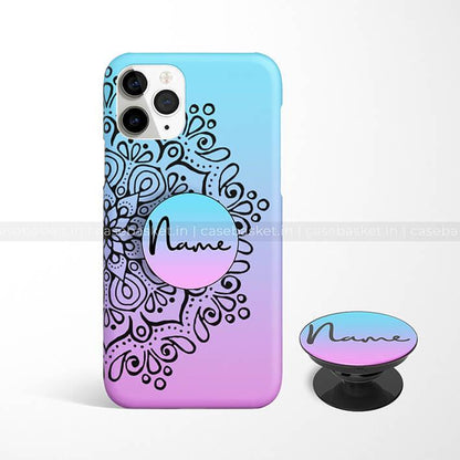 Gradient blue and pink mandala phone case with matching custom pop socket.