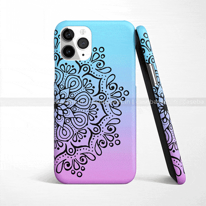Blue and purple gradient phone case with black mandala pattern, stylish cover for smartphone.