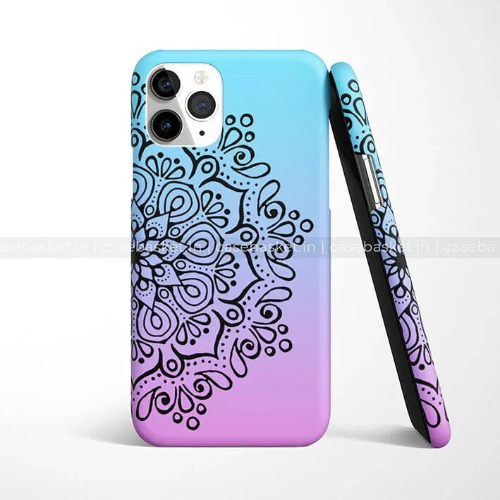 Gradient blue and purple phone case with black mandala design, compatible with iPhone
