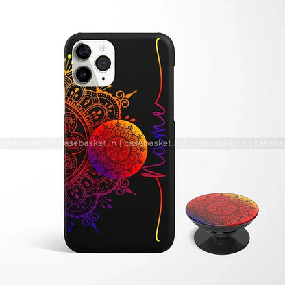 Black phone case and matching pop socket with colorful mandala design and customizable name text.