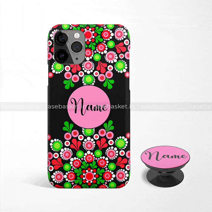 Floral pattern phone case and pop socket with pink, green, and red design, customizable name text.