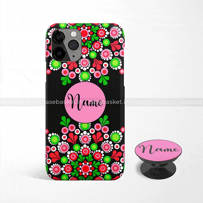 Floral pattern phone case and pop socket with pink, green, and red design, customizable name text.