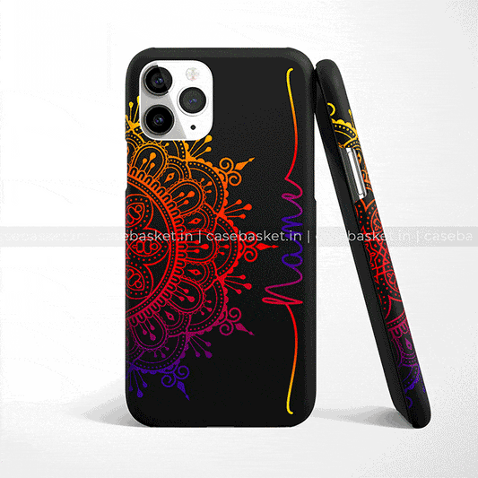 Black mobile case with colorful mandala design and custom name text, modern phone cover