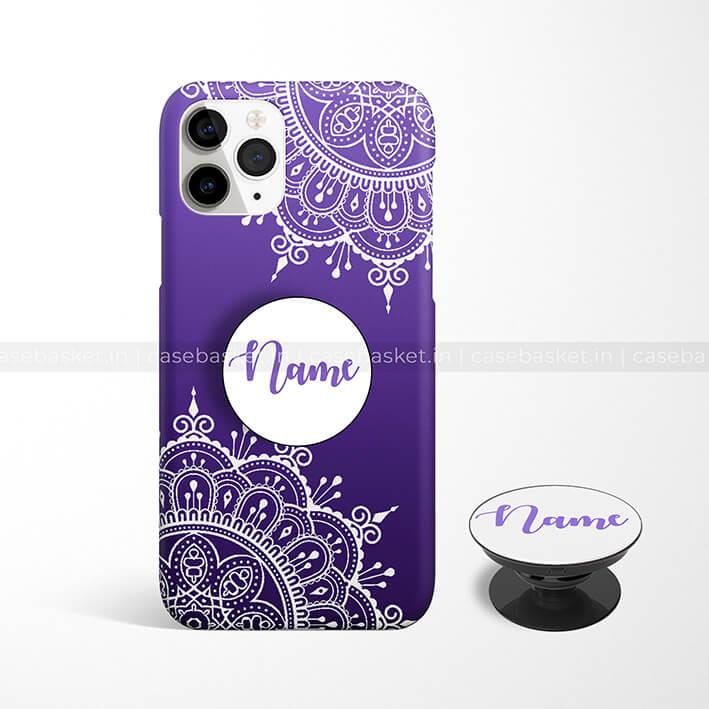 Purple mandala phone case and pop grip set with customizable name design