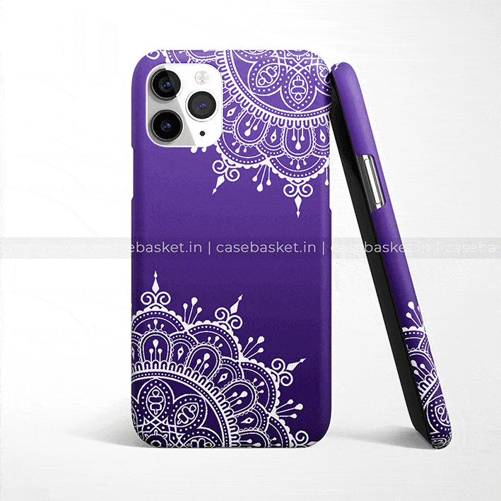 Purple phone case with white mandala design, compatible with triple camera smartphones