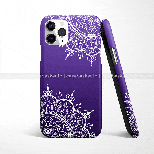 Purple phone case with white mandala design, compatible with triple camera smartphones