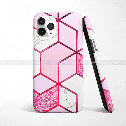 Pink geometric marble mobile case with hexagon and glitter patterns for smartphones