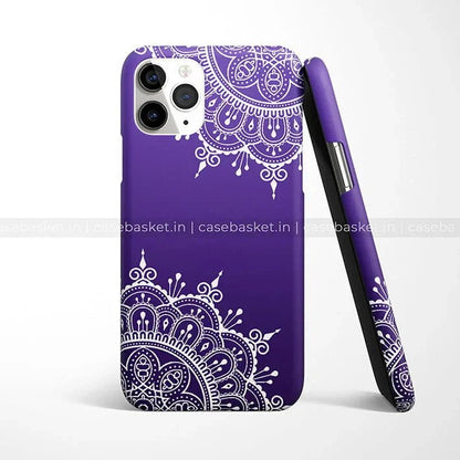Purple phone case with white mandala design, compatible with iPhone, stylish and protective.