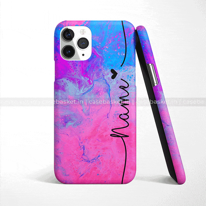 Colorful pink and blue marble phone case with 'Name' text and heart design for iPhone.
