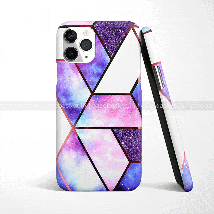 Geometric phone case with purple galaxy and glitter pattern for iPhone