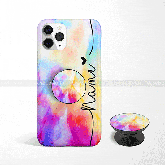 Multicolor abstract phone case with matching pop socket and customizable text design