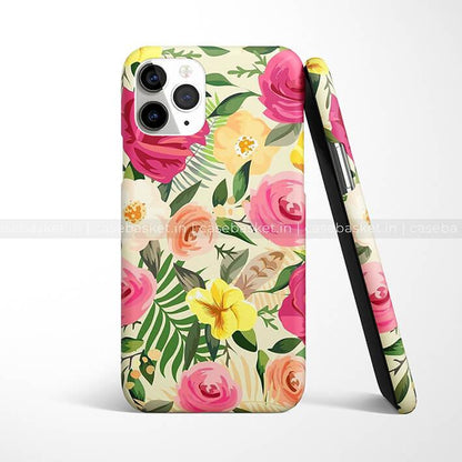 Colorful floral print phone case with pink, yellow, and orange flowers on a cream background