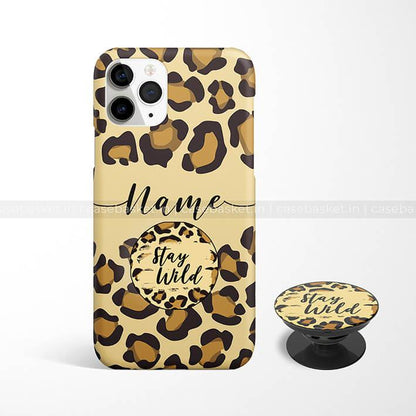 Leopard print phone case and matching pop socket with 'Stay Wild' text, animal pattern accessory