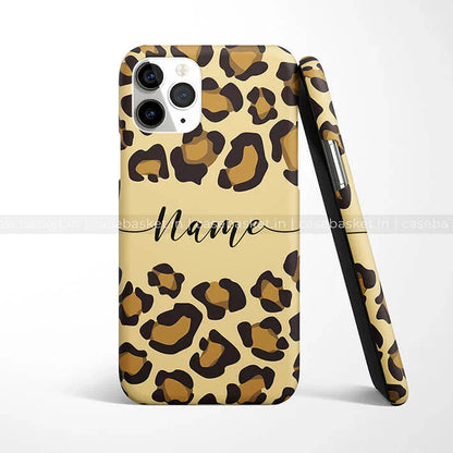 Leopard print phone case with customizable name text, beige and brown animal pattern design