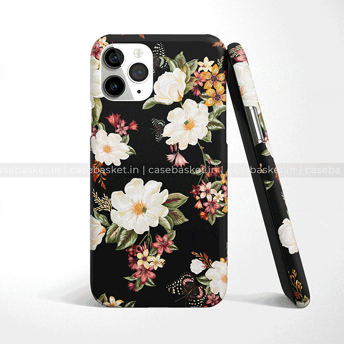 Black floral phone case with white and pink flower design, shown on smartphone