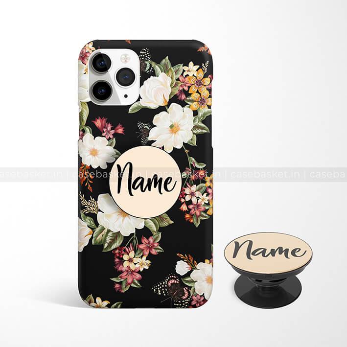 Black floral phone case with personalized name and matching phone grip