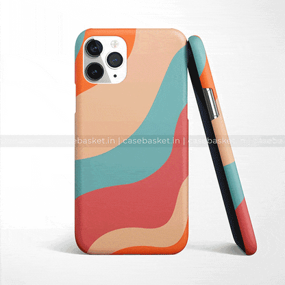 Colorful abstract wavy pattern phone case for iPhone with teal, peach, and orange design