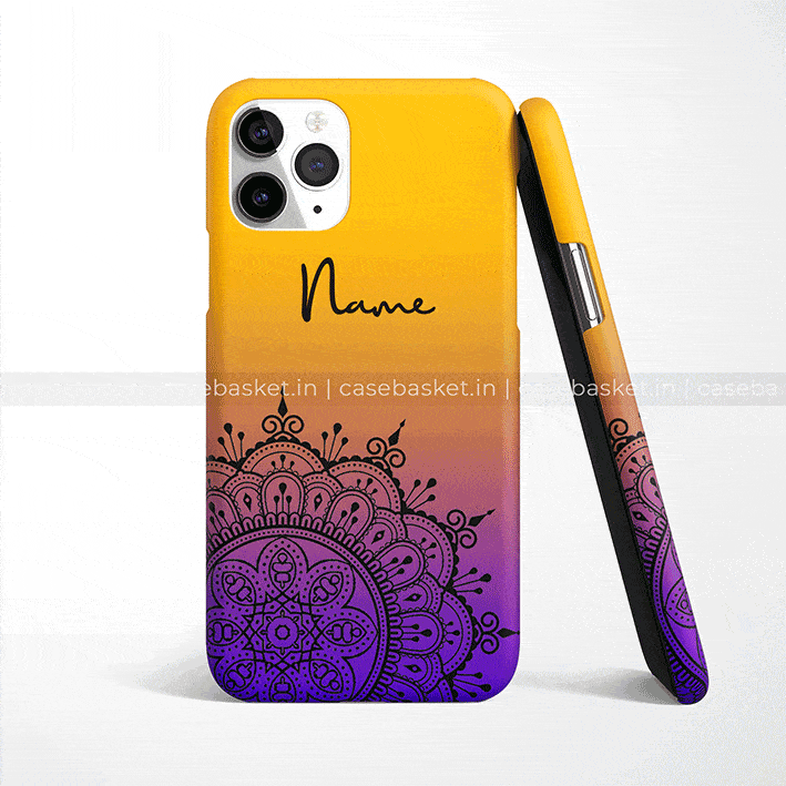 Personalized ombre yellow purple phone case with black mandala design for iPhone