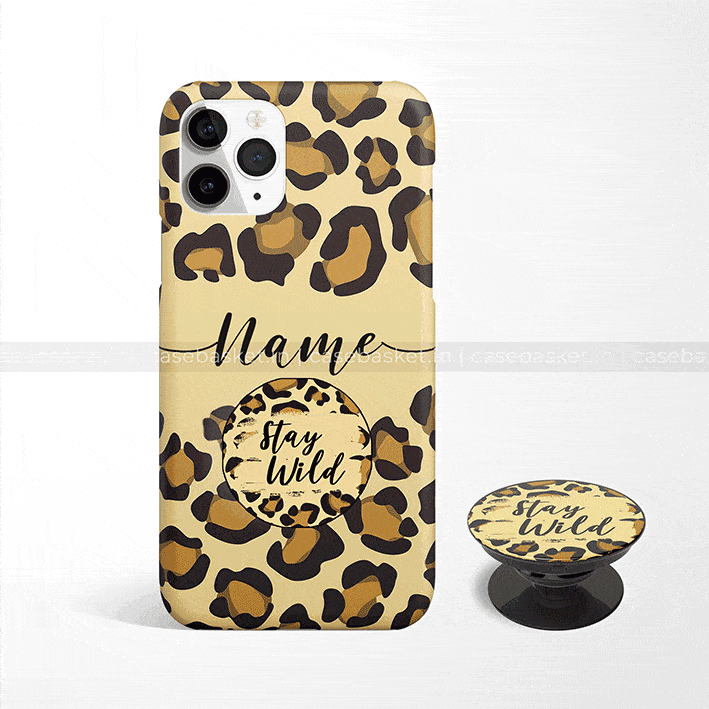 Leopard print phone case and matching pop socket with customizable name and 'Stay Wild' text