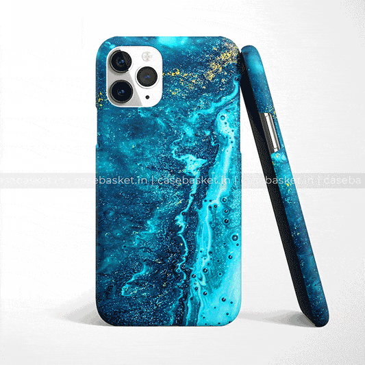 Blue marble texture phone case with gold accents for iPhone, stylish protective cover