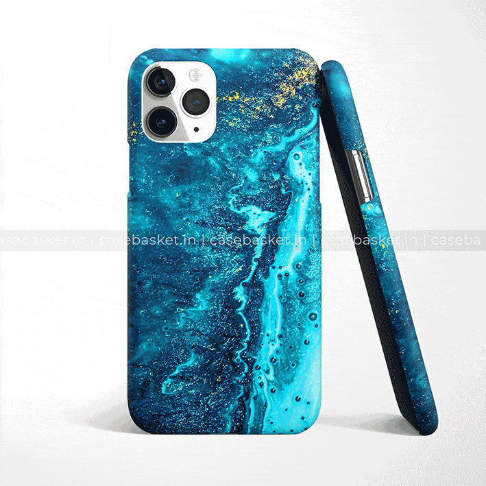 Blue marble texture phone case with gold accents for iPhone, stylish protective cover