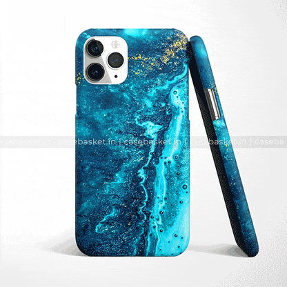 Blue marble texture phone case with gold accents for iPhone, stylish protective cover