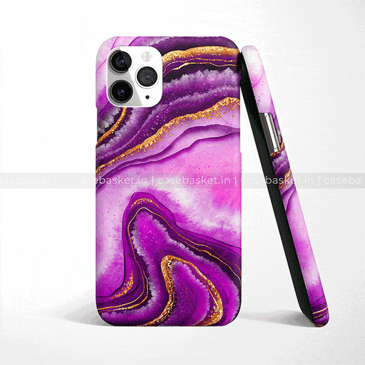 Purple and gold marble design phone case for iPhone with artistic, glossy finish